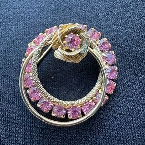 Vintage Costume Gold Tone and Pink Floral Brooch